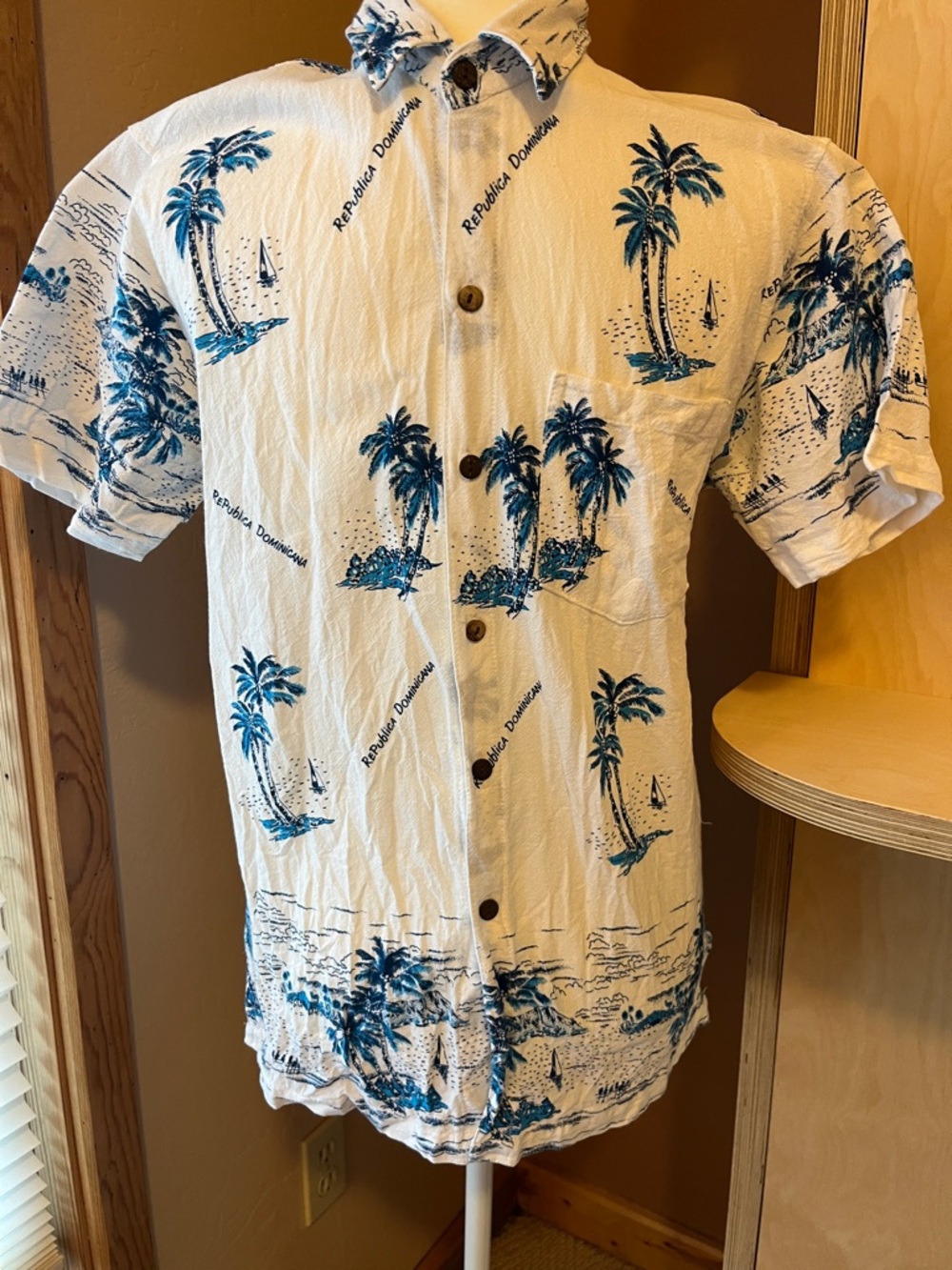 Men's White Short-Sleeve Hawaiian Shirt with Blue Palm Print